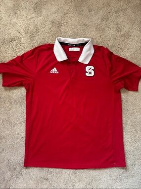Adidas Red Polo with White Collar and NC State